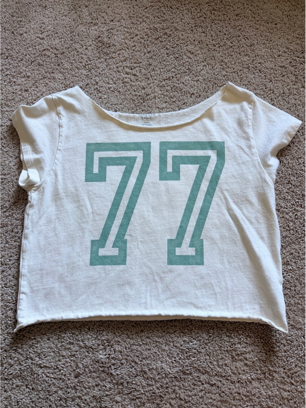 American Eagle Women's White Crop Top with Green '77' Print, Size M